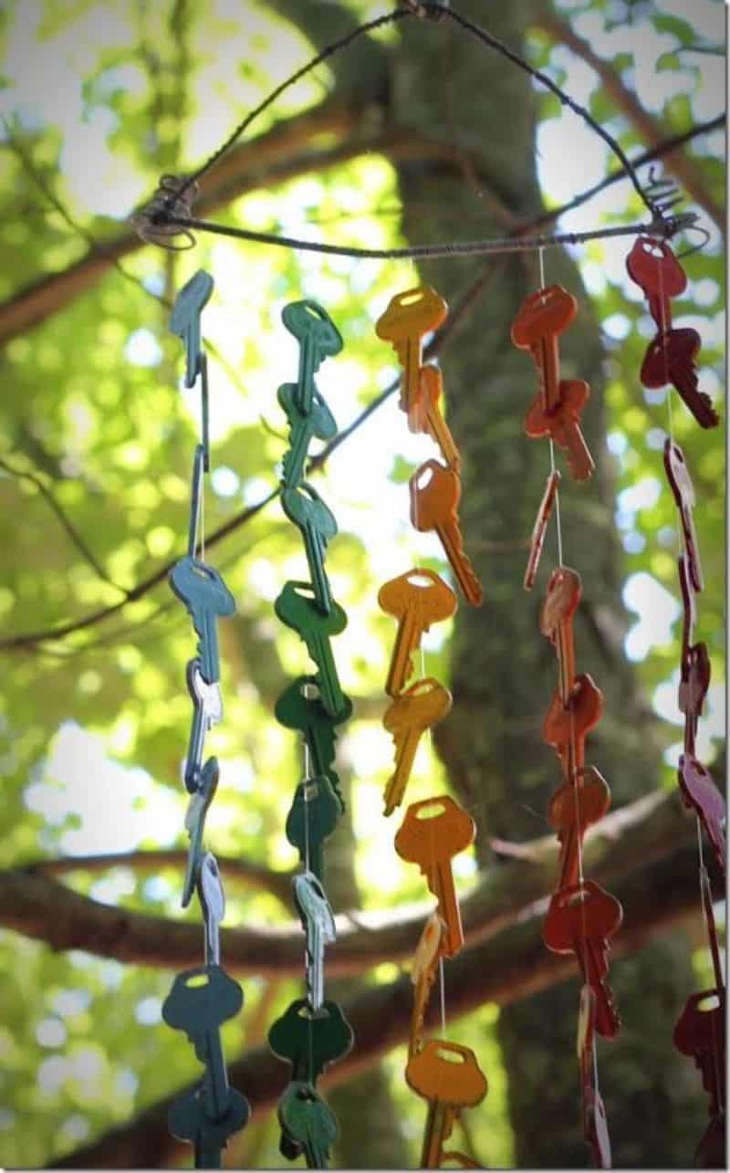 DIY rainbow-coloured wind chime made from old keys
