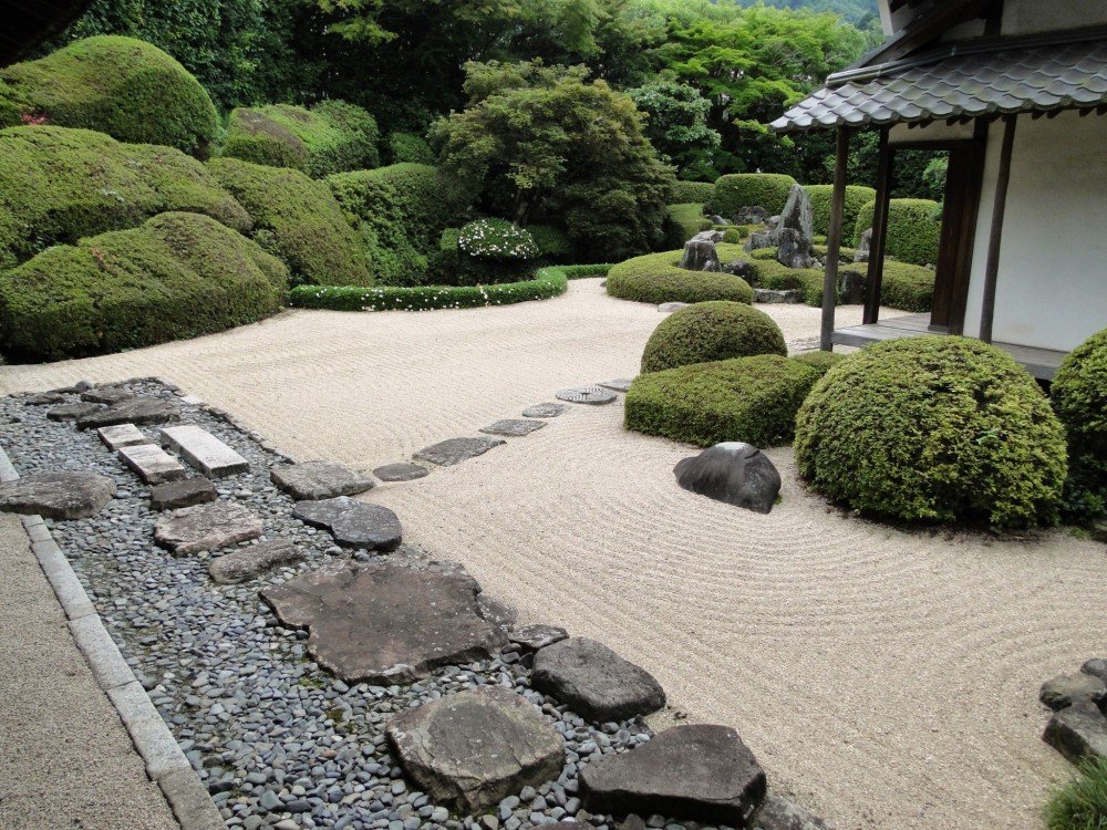 Japanese Zen garden with rock steps.
