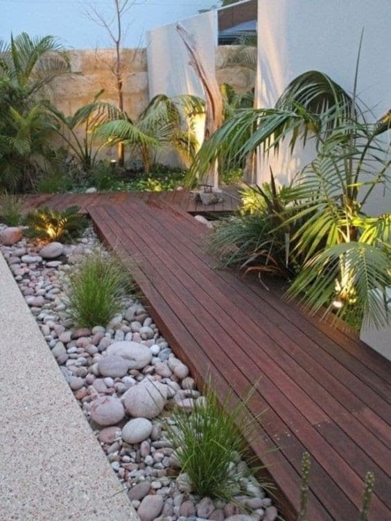 Wooden deck and pebbles