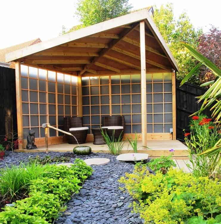 Minimalist modern pavilion with a rattan furniture set