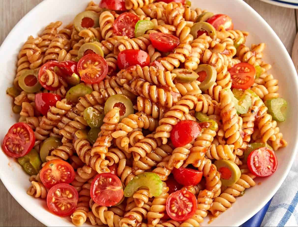 Bloody Mary pasta with lots of cherry tomatoes and fresh olives