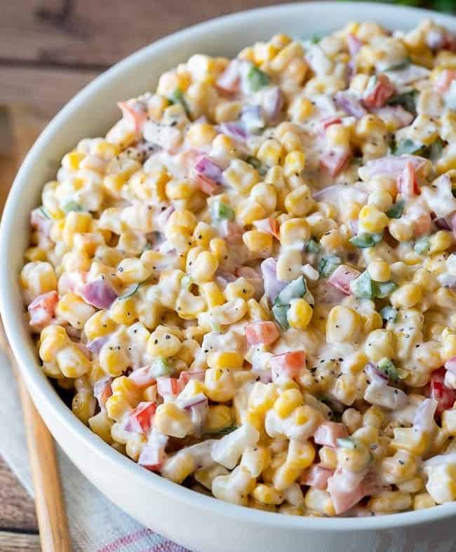 Creamy corn salad in a large bowl