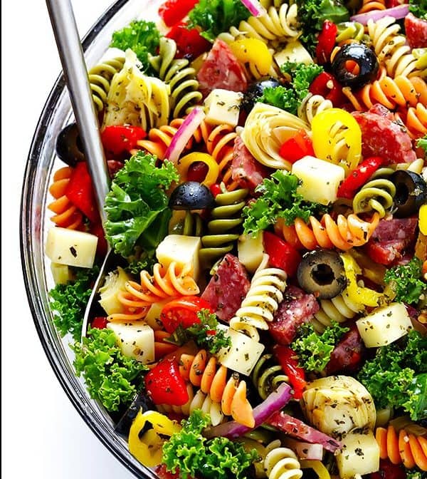 Rainbow antipasto salad bowl with olives
