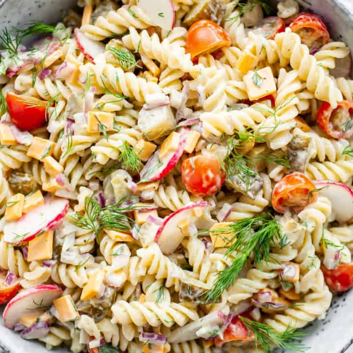 Healthy pickle pasta salad in a large dish
