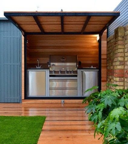 Built-in cedar corner BBQ shed