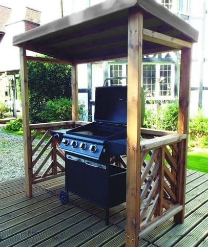 A tiny BBQ shelter that mimics a waiting shed, housing a gas BBQ grill