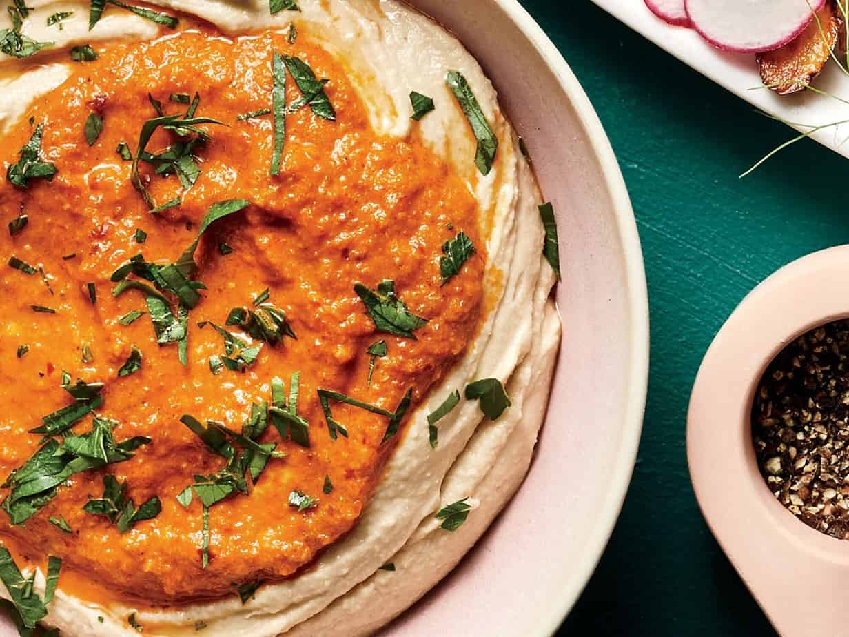 Harissa-spiked hummus perfect as a vegan BBQ spread