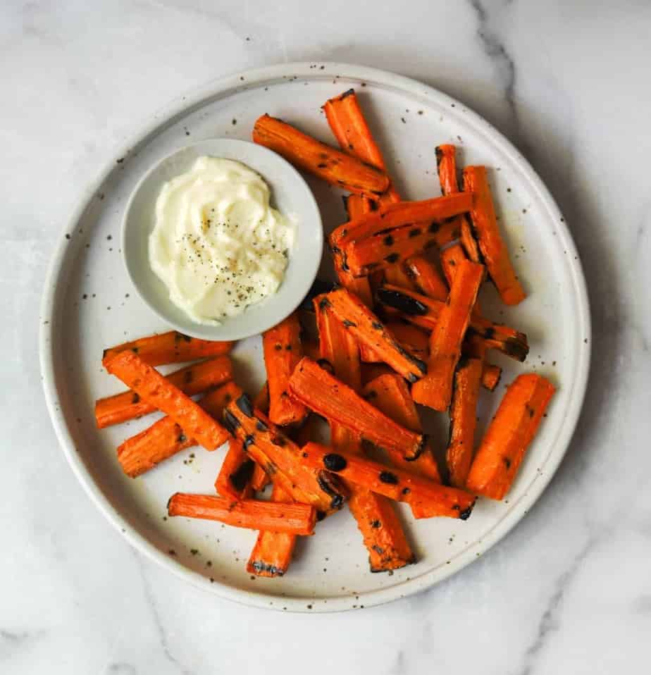 Carrot fries side dish with mayonnaise sauce 