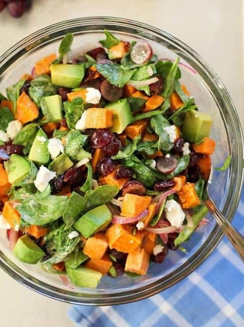 Sweet potato salad with avocado and other greens