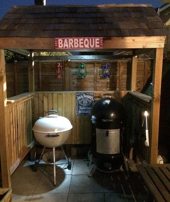 BBQ shack and bench with grill and smoker