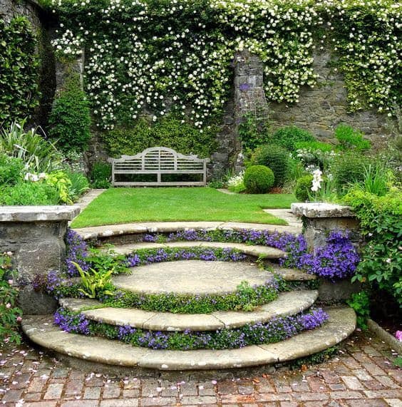 Unique circular stone steps and grass