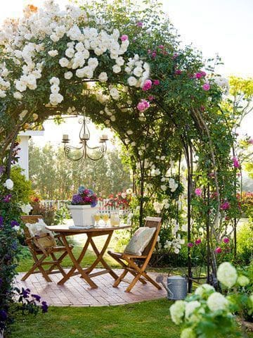 Outdoor table dining set under flower arch
