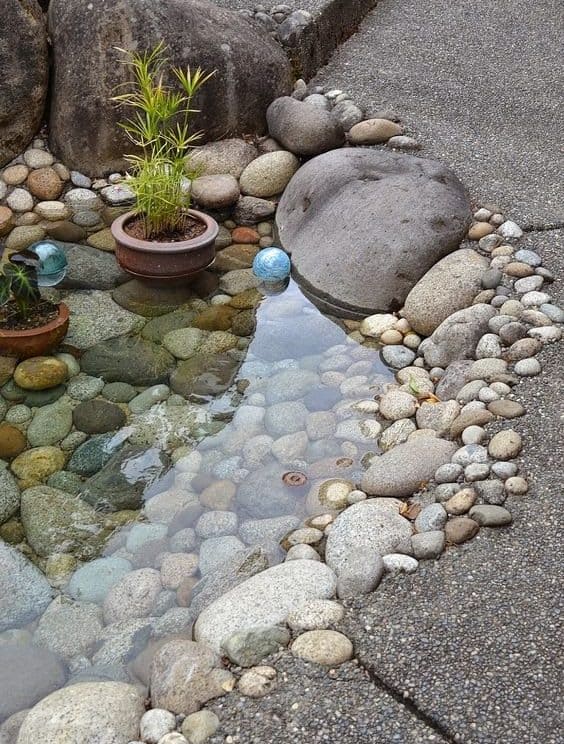 Small garden pond with pebbles and stones