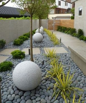 Simple grey pebbles with large stone spheres in a modern garden