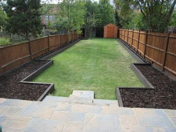 Long, narrow garden beds with some irregular-shaped garden beds