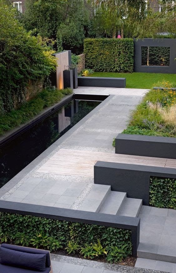 Modern garden with rectangular pond
