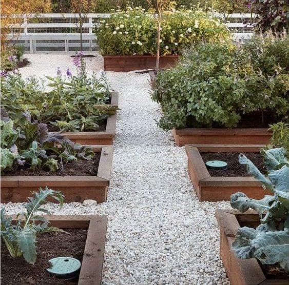 Simple raised garden beds with gravel