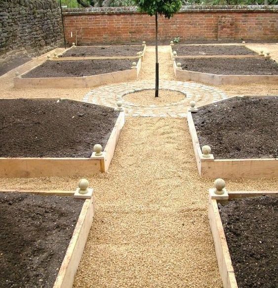 Raised sections for a vegetable garden in a formal style backyard