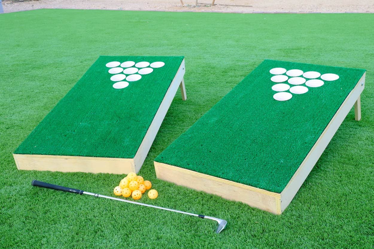 DIY pong golf placed on the garden lawn