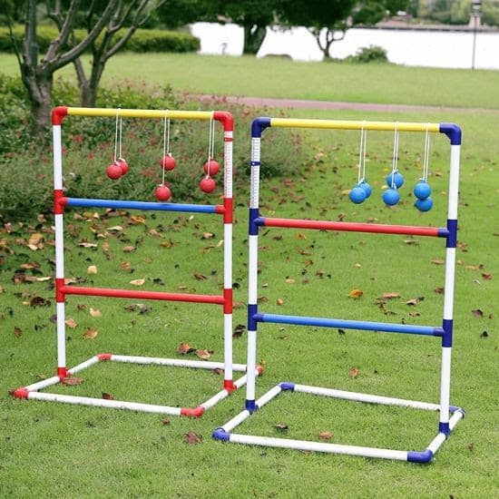DIY ladder golf toss made with some plastic pipes, string and plastic balls
