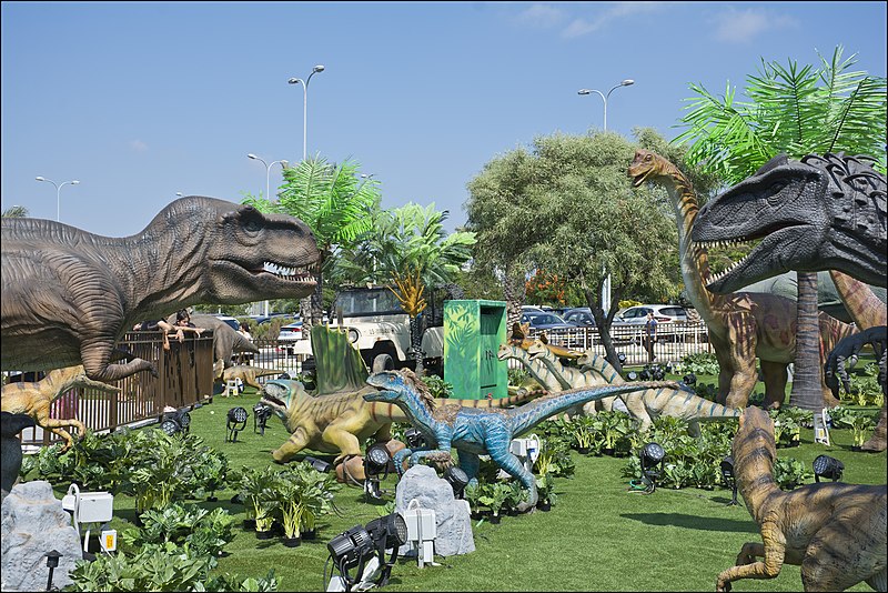 Dinosaur park with variety of dinosaur statues