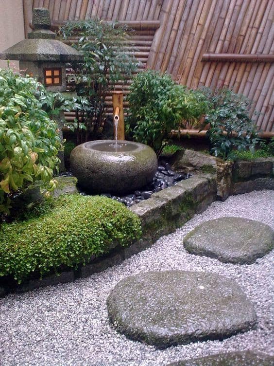 Oriental corner garden with a small fountain
