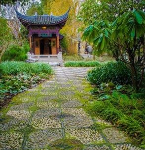 Chinese pergola with DIY stepping stones
