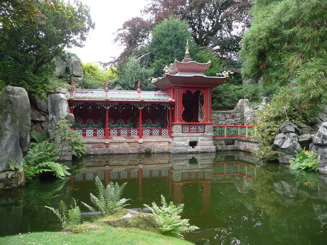 Chinese garden pagoda with a view of the pond