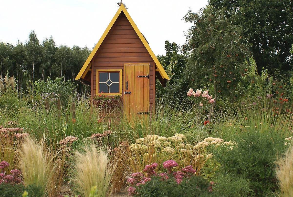Small wooden shed tucked in a cottage garden
