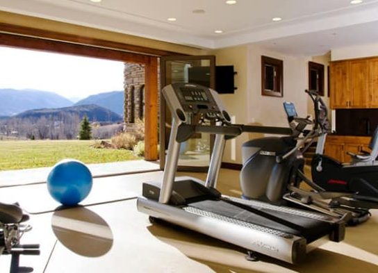 Open gym room with a scenic landscape of nature