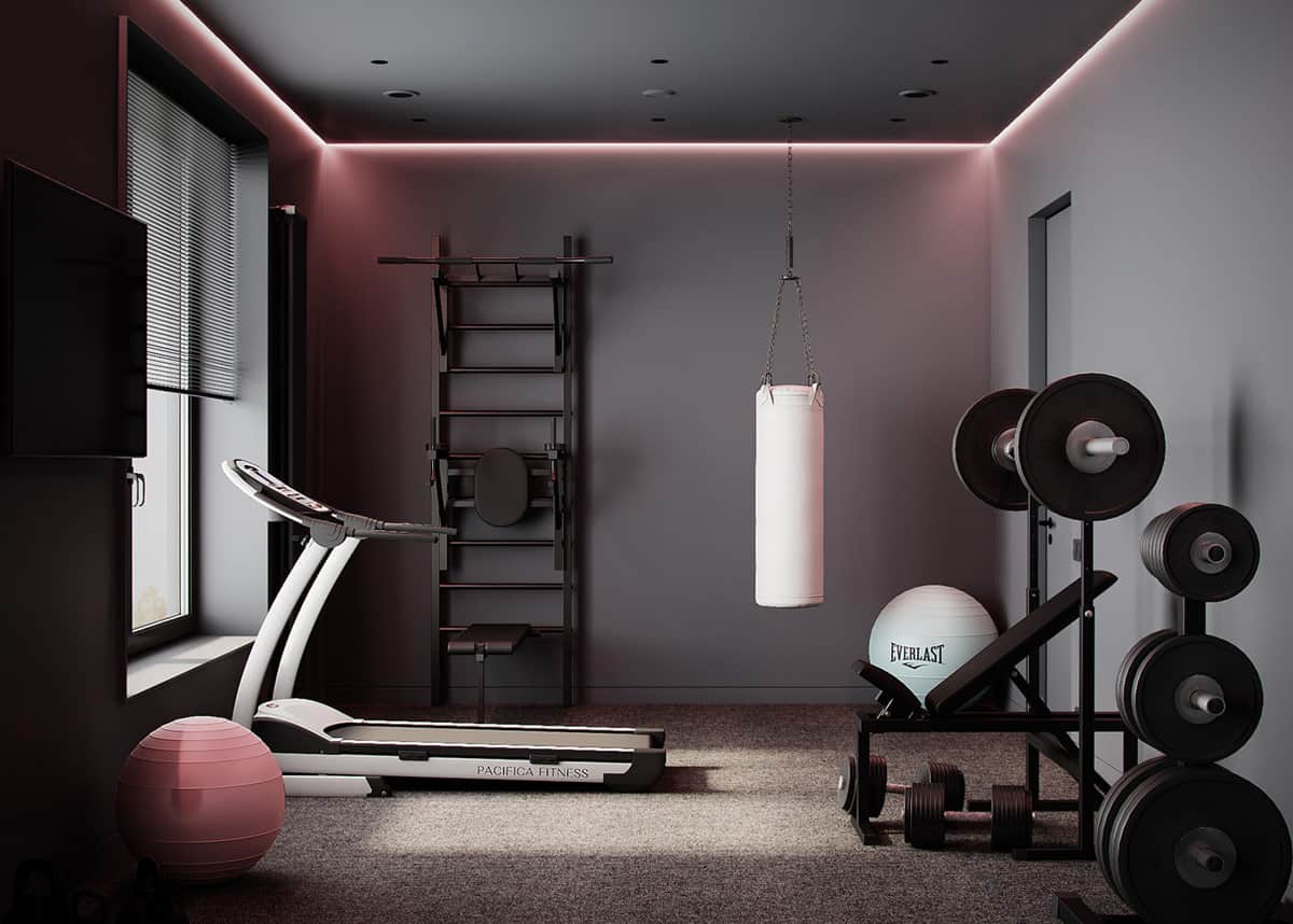 Brown and black garden gym interior with LED strip lights