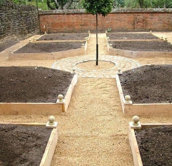 Formal garden with well-kept square beds for a vegetable garden