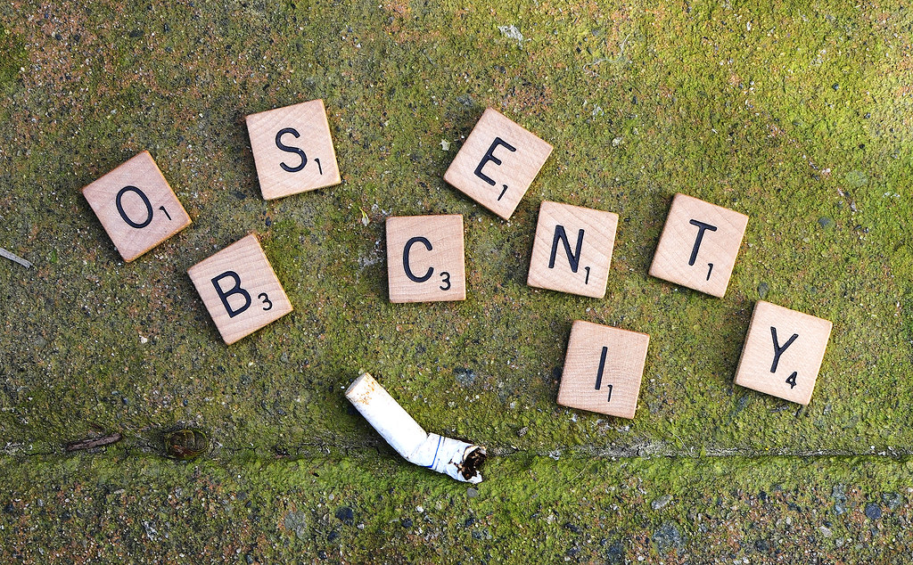 Lawn scrabble pieces that says "obscenity"