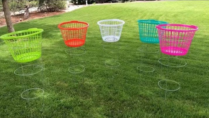 Frisbee golf setup made from some old laundry baskets