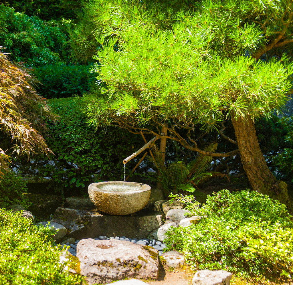 Stone basin bamboo water fountain in the portland Japanese garden