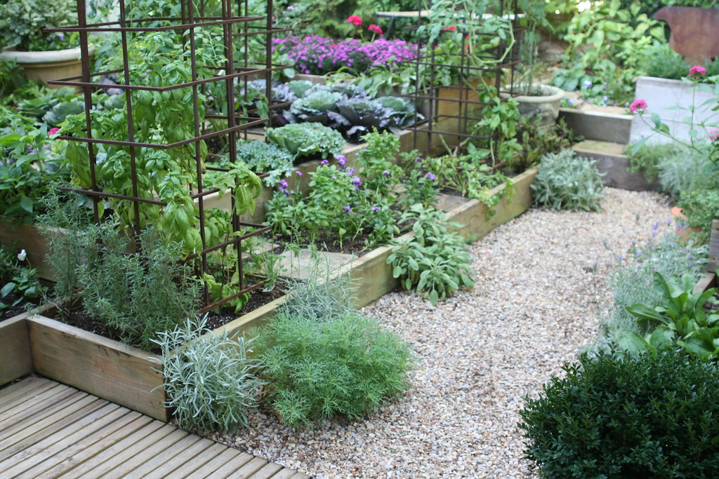 Raised garden beds with trellis