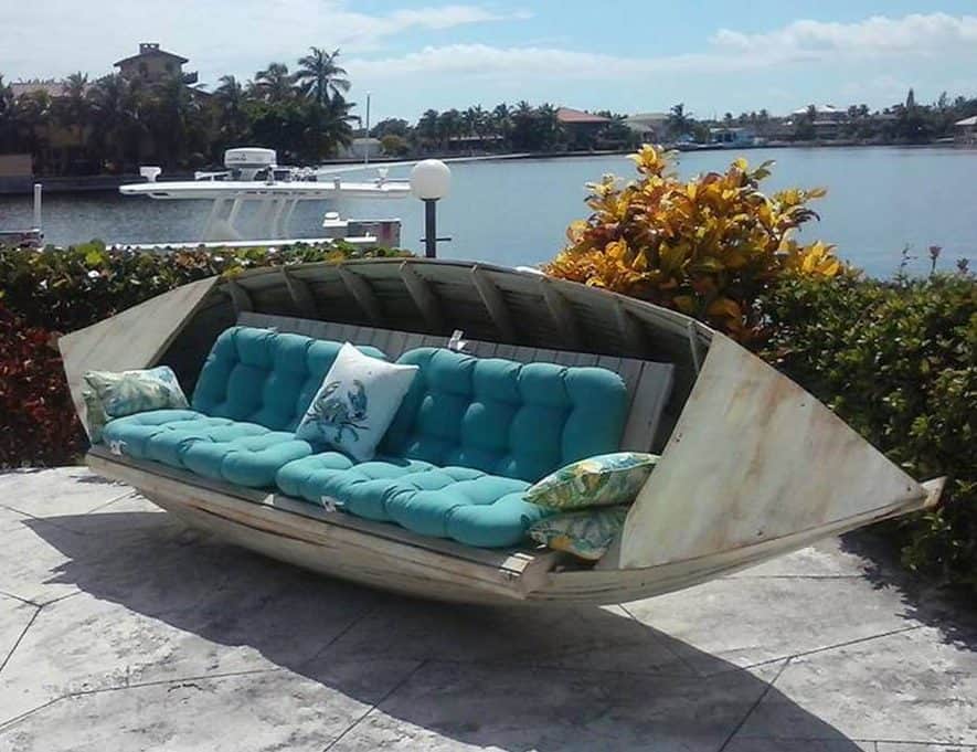 Old boat used as a garden seating area