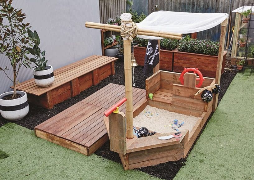 DIY pirate ship playground with sandpit