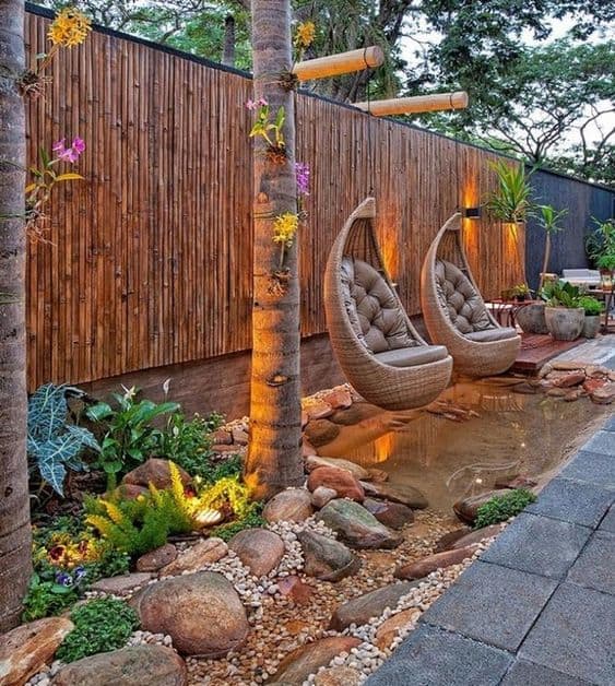 A garden with bamboo corners