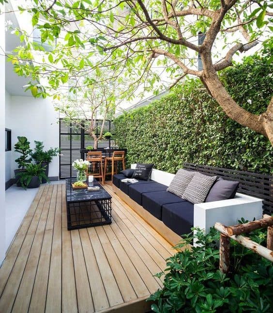 Wooden deck and ivy wall in a modern patio