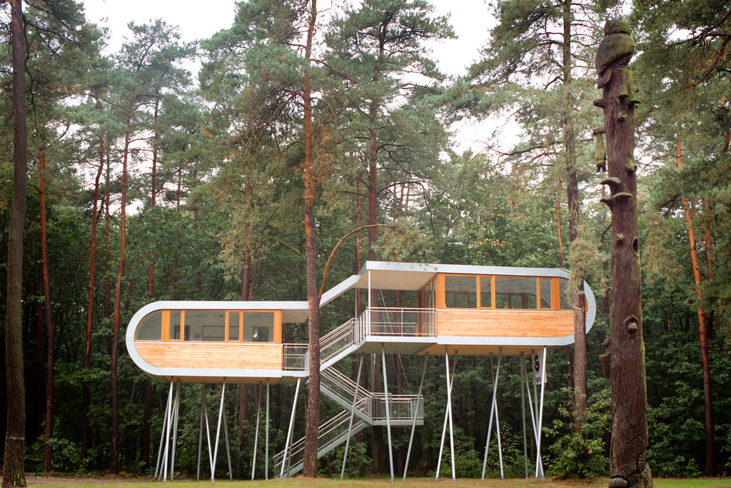 Modern capsule-shaped treehouse
