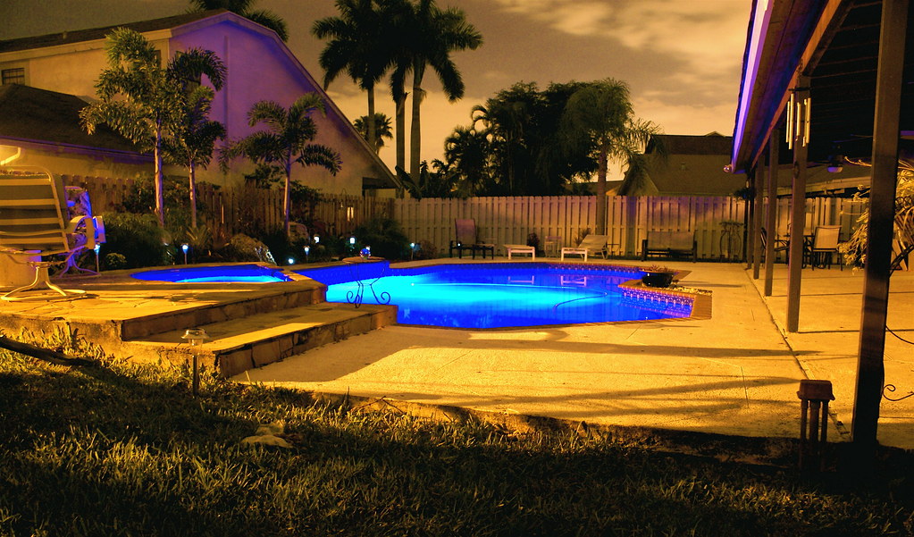 Backyard pool lit with LED lights