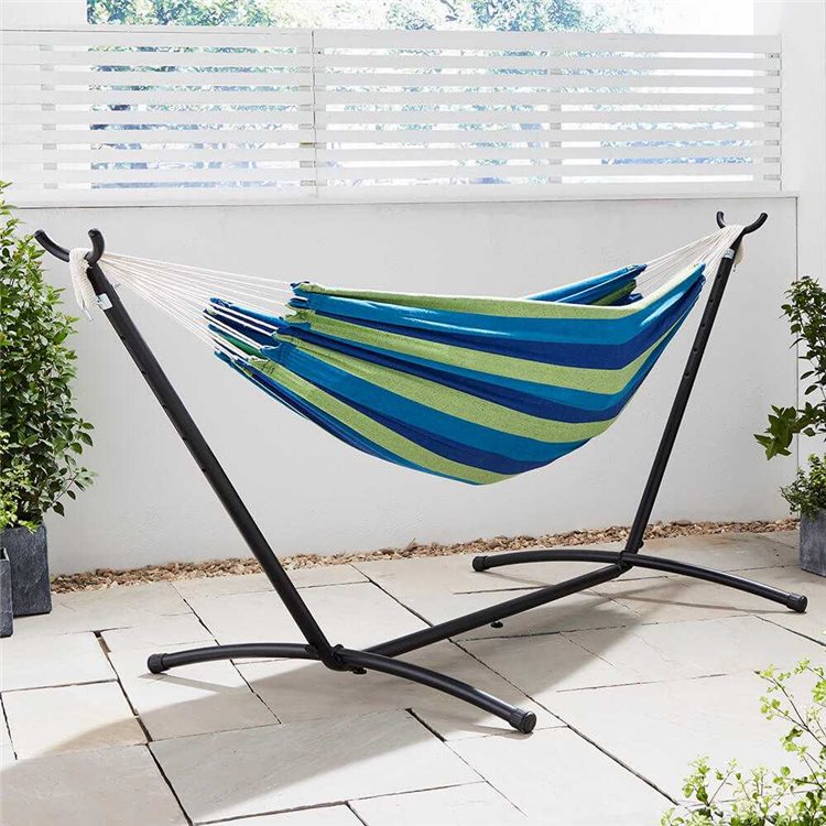 Blue Striped Double Hammock with Folding Stand