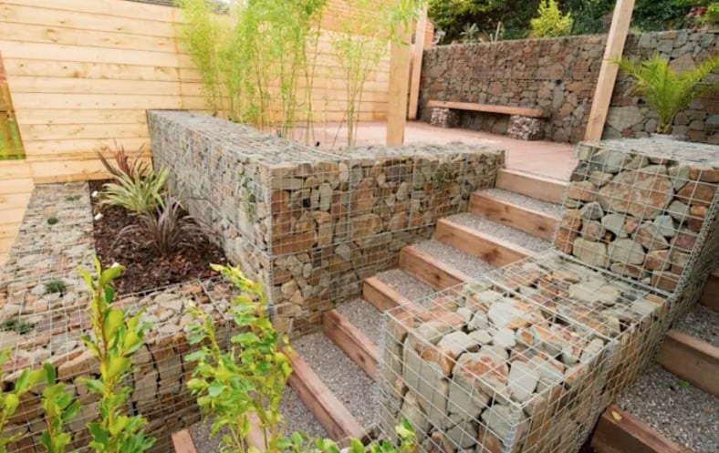 Rock gabion walls added to the garden landscape