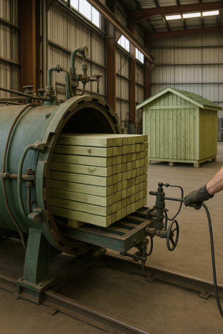 Stacks of wood inside an airtight sealed container for pressure treatment.
