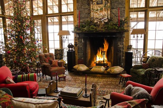 Rustic cheer themed Christmas log cabin interior
