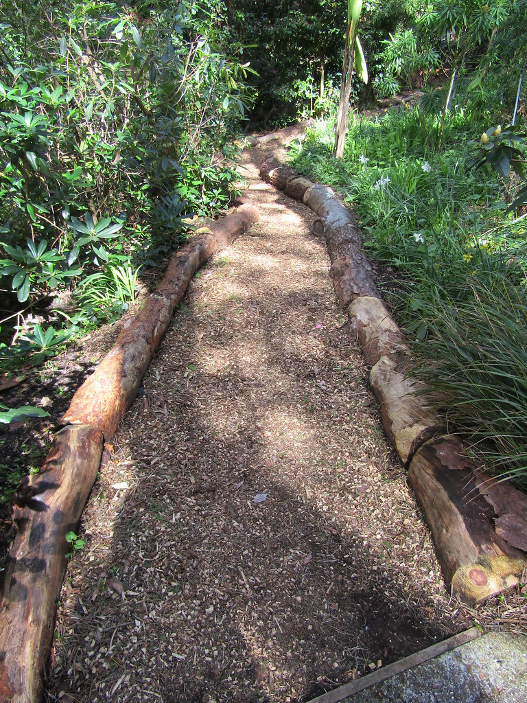 Flat log garden path edging