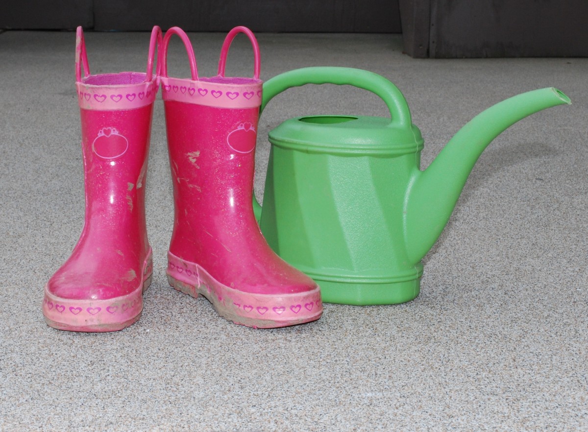 Pink gardening boots and green watering can