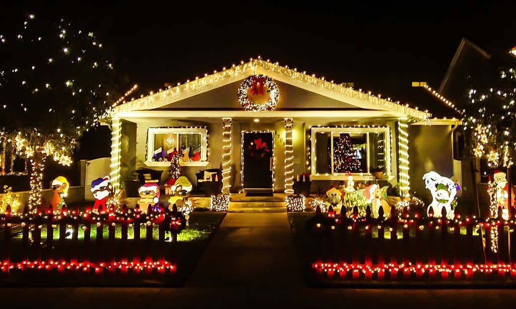 House full of Christmas lights and decor display