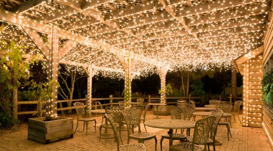 Patio filled with Christmas lights